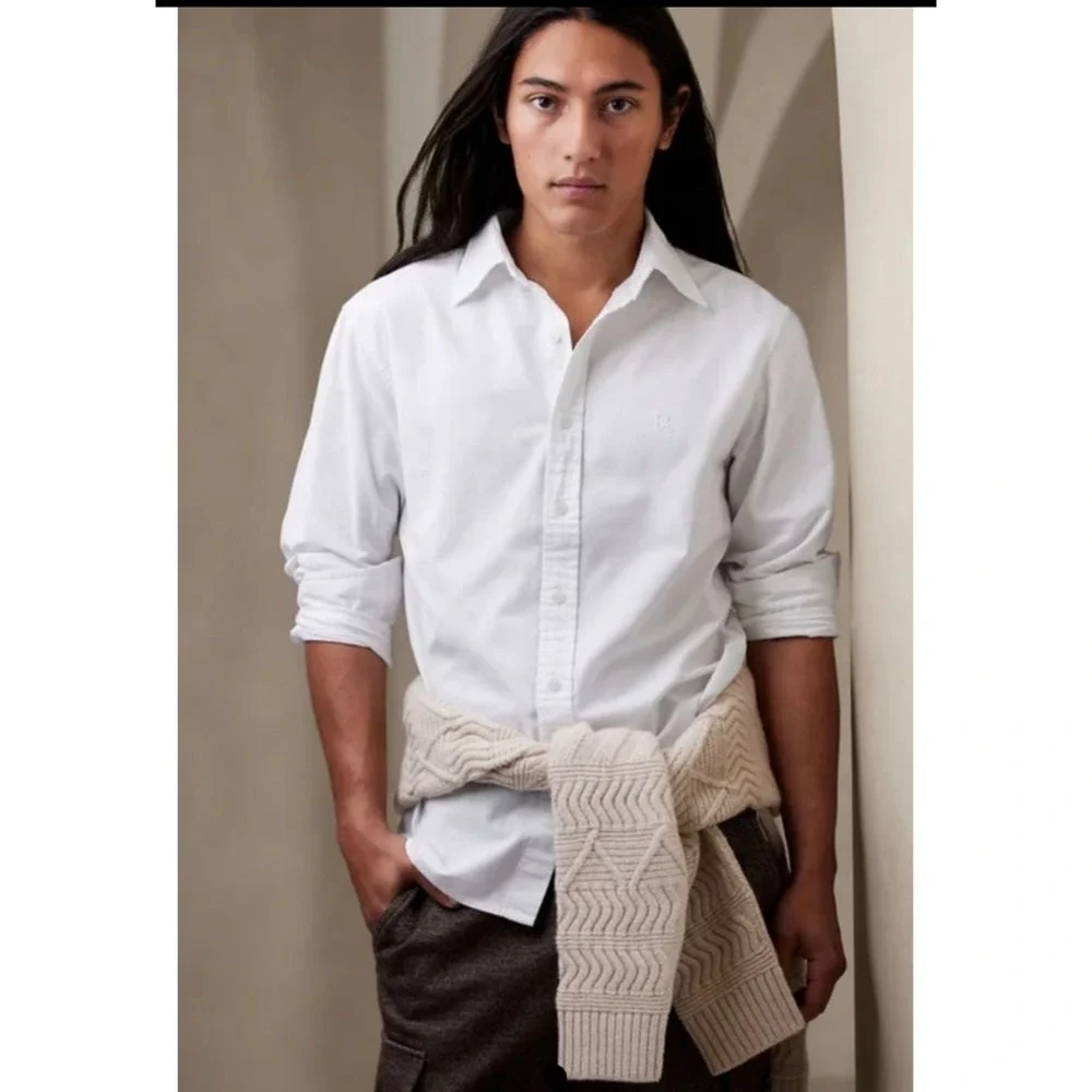Banana Republic Mens White Oxford Shirt XXL Untucked Standard Fit Cotton Logo